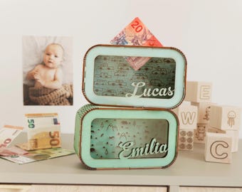 Personalized Wooden Piggy Bank: Custom Nursery Decor, Baby Baptism Gift