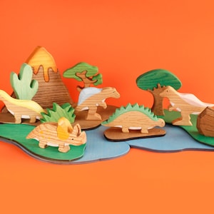Wooden Dinosaur Toy Montessori Dinosaur Playset Jurassic Wooden Animals Handmade Wooden Toy Waldorf Dinosaur Set Nursery Decor Gift for Kids