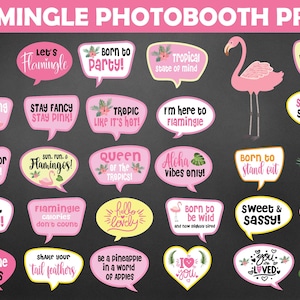 Puede incluir: Accesorios de fotomatón rosas y amarillos con frases como "Born to Party!" y "Aloha vibes only!". Un flamenco rosa está presente. Los accesorios son bocadillos de diálogo con texto y detalles florales, ideales para una fiesta tropical.