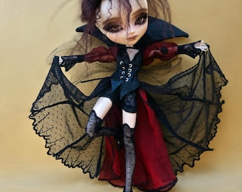 Vampieroutfit voor Pullip-pop – Zwart en bordeauxrood gothic kostuum met kant en sluier – Handgemaakt
