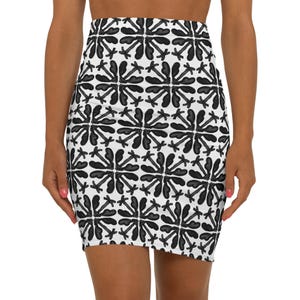 Women&#39;s Mid-Waist Pencil Skirt (AOP) - Palm Black
