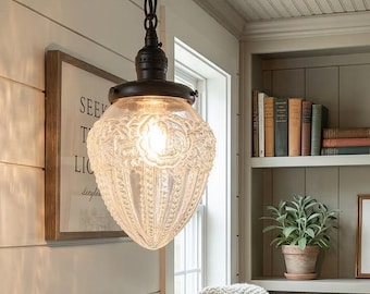 Victorian Beaded Acorn Pressed Glass Pendant Light | Vintage Acorn Glass Pendant | Antique Style | Cottagecore Lighting | Farmhouse Pendant