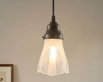 Clear Rib & Frost Soft Angle Pendant Light | Vintage Fluted Glass Pendant | Farmhouse Ceiling Light | Kitchen Island, Entryway