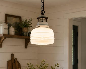 Industrial Milk Glass Utility Pendant Light | Vintage Hanging Light | Farmhouse White Glass Pendant | Rustic Kitchen Island Lighting