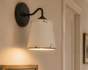 Farmhouse White Barn Metal Distressed Wall Sconce | Rustic Cottage Wall Light | Vintage Farmhouse Lighting | Industrial Barn Style Sconce