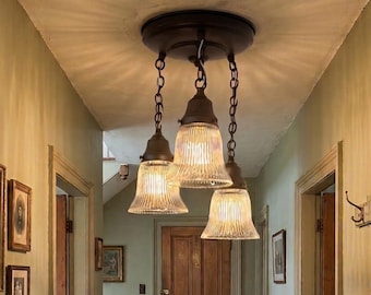Clear Holophane Bell Ceiling Light Trio | Vintage Farmhouse Flush Mount | Cut Glass 3-Light Fixture for Kitchen, Hallway, Entryway