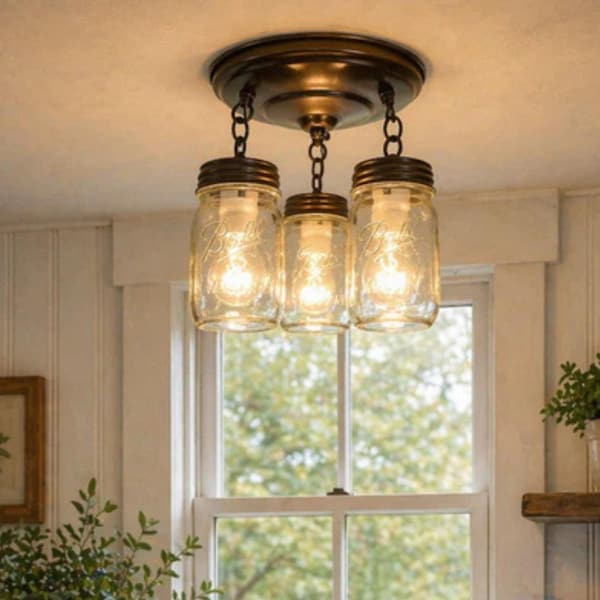 MASON JAR LIGHT Chain Trio - Flush Mount New Quart Fan Fixture Rustic Farmhouse Pendant Glass Chandelier Lighting Canning Country Kitchen
