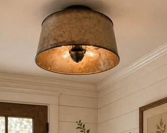 Copper-Edge Brass Toned Farm Drum Flush Mount – Rustic Farmhouse Ceiling Light | Galvanized Metal Shade | Warm Vintage Lighting