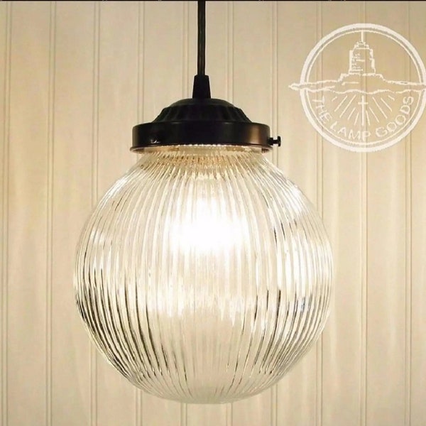 LARGE Antique Glass Pendant Light Clear Holophane Globe - Ceiling Lighting Modern Industrial Hanging Fixture Kitchen Island Bathroom Vanity