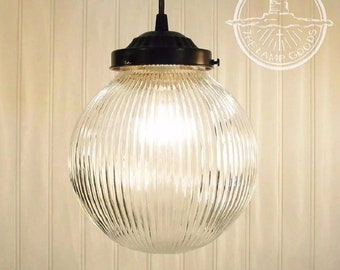 LARGE Antique Glass Pendant Light Clear Holophane Globe - Ceiling Lighting Modern Industrial Hanging Fixture Kitchen Island Bathroom Vanity