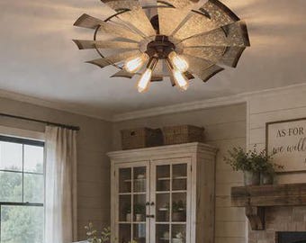 Farmhouse Windmill Chandelier STATIONARY Semi Flush Light Fixture 30"- Modern Rustic Kitchen Living Room Laundry Ceiling Lighting Galvanized