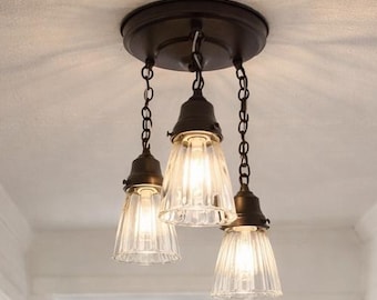 Farmstead Fluted Clear Glass Ceiling Light Trio | Vintage Farmhouse | 3-Light Fixture for Kitchen Entryway | Vintage Hallway Lighting