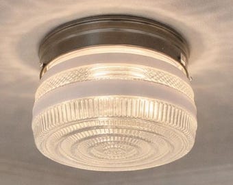 RETRO 1960's Vintage Antique DRUM Flush Mount Frost Clear Ceiling Light Brushed Nickel - Chandelier Lighting Fixture Kitchen Island Bathroom