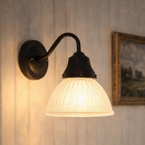 Frosted Glass Factory Holophane Wall Sconce – Vintage Industrial Ribbed Glass Light Fixture – Rustic Wall Lamp