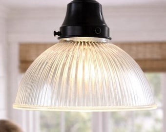 Heavy Classic Holophane Dome Pendant Light | Vintage Prismatic Glass Pendant | Industrial Farmhouse Lighting | Kitchen Island