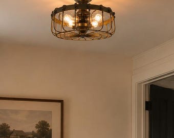 Rustic Industrial Cage Ceiling Light - Flush Mount Lighting Fixture Farmhouse Ceiling Kitchen Edison Bulb Rustic Dining Hanging Bathroom