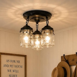 Mason Jar Ceiling Light Fixture 1930's Vintage Pint Chain Trio - FLUSH MOUNT Farmhouse Pendant Chandelier Kitchen Island Rustic Bathroom