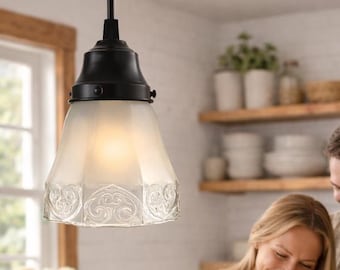 Victorian Clear & Frost Octagon Pendant Light | Vintage Glass Ceiling Light | Farmhouse Pendant Lighting | Kitchen Island, Entryway