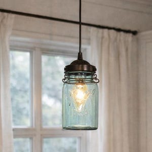 Vintage BLUE 1940's Canning Jar PENDANT Light - Farmhouse Chandelier Ceiling Lighting Fixture Rustic Old Antique Country Kitchen Island Bath