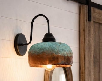 Copper Farmhouse Wall Sconce – Rustic Gooseneck Barn Light with Patina Finish