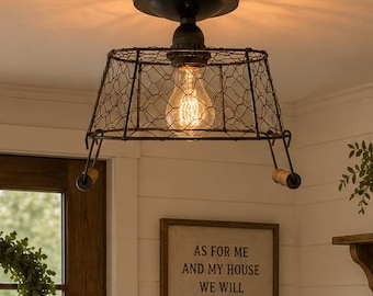 Chicken Wire Farmhouse Rectangular Ceiling Light- Cottage Flush Mount Rustic Lighting Fixture Kitchen Country Bedroom Laundry Room Bathroom