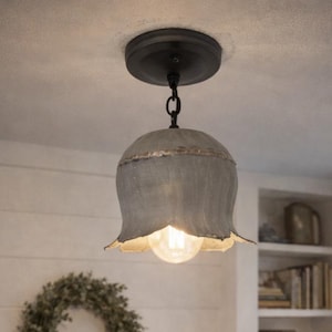 Lotus Galvanized Ceiling Light with Chain – Rustic Farmhouse Metal Pendant – Vintage Cottage Hanging Fixture