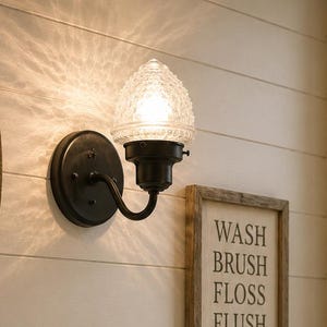 May include: A bathroom vanity area featuring a wall-mounted black sconce with a textured glass shade, a wooden sign with the text WASH BRUSH FLOSS FLUSH, a brown hand soap bottle, two potted green plants, a glass jar with cotton balls, and a towel.