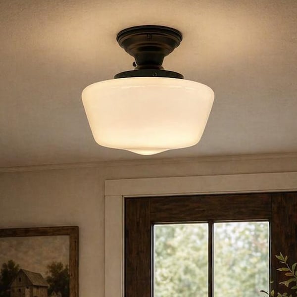 Historical 1930's SCHOOLHOUSE LARGE Ceiling Light -Antique Milk Glass Vintage Traditional Farmhouse Bathroom Kitchen  Lighting Flush Mount