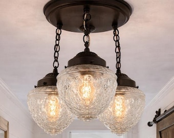 Heritage Hobnail Acorn Trio Ceiling Light – Farmhouse Semi Flush Mount, Vintage Clear Glass 3 Light Fixture