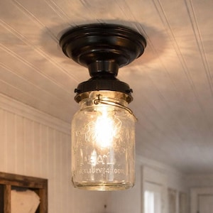 Mason Jar Ceiling LIGHT 1930's Fixture Antique- Rustic Farmhouse Flush Mount Kitchen Laundry Lighting Vintage Chandelier Pendant Canning Jar
