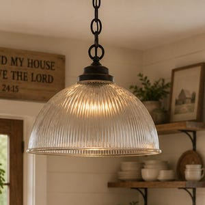 VERY LARGE Antique 1960's Factory Holophane Vintage Shade Pendant Light- Chandelier Lighting Fixture Farmhouse Kitchen Hallway Bathroom Lamp