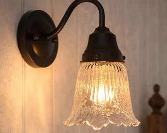 Antique Diamond Floral Flare Wall Sconce Light – Vintage Etched Glass Wall Lamp – Farmhouse Cottage Lighting for Bathroom, Hallway, Bedroom