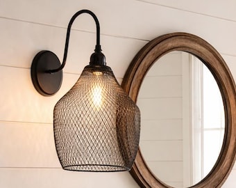 Black Farmstead Wire Lantern Wall Sconce – Industrial Farmhouse Gooseneck Light Fixture