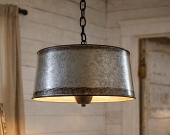 Custom order 3ft chain, 10 ft total cord with plug in | Copper-Edge Galvanized Farm Drum Pendant Light | 12"W