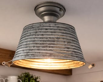 Barnstead Galvanized Wash Tub Flush Mount Light | Farmhouse Ceiling Light | Rustic Galvanized Metal Lighting | Vintage Farmhouse Fixture