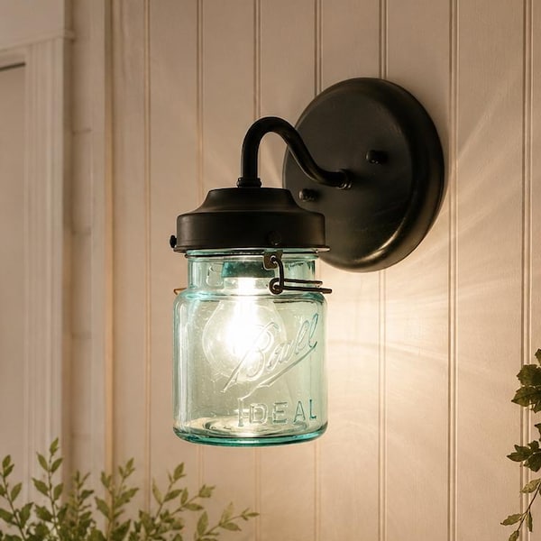 Vintage BLUE Mason Jar SCONCE Light -Rustic Wall Vanity Lighting Fixture Farmhouse Kitchen Ceiling Chandelier Pendant Bathroom Lamp Fan