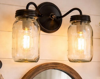 Mason Jar DOUBLE Wall Sconce Light Fixture - Antique Farmhouse Lighting & Vintage Rustic Bathroom Vanity Kitchen Bedroom Canning Jars Ball