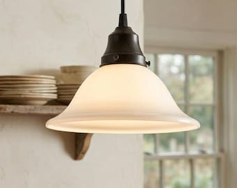 Vintage Farmhouse Wide Flare Milk Glass Pendant Light | Opal Glass Ceiling Light | Classic Farmhouse | Kitchen Island, Entryway, Bedroom