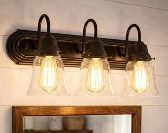 Seeded Glass Bathroom Vanity Lighting Trio - Wall Mount Sconce Light Fixture Antique Vintage Farmhouse Kitchen Ceiling Chandelier Lamp