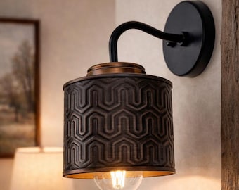 Small Industrial Hexline Metal Wall Sconce – Bronze Accent Modern Farmhouse Geometric Light Fixture