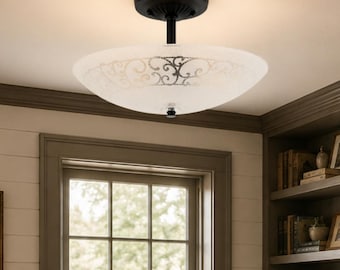 Antique Scroll Frosted Glass Flush Mount | Vintage Ceiling Light Fixture | Farmhouse Ceiling Light | Cottage Lighting | USA Made
