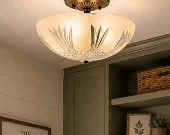 Frosted Leaf Etched Ceiling Light | Vintage Flush Mount Ceiling Fixture | Farmhouse Glass Ceiling Light | Cottage Lighting | USA Made