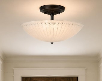 Frosted Art Deco Bowl Ceiling Light | Vintage Flush Mount Ceiling Fixture | Antique Glass Ceiling Light | Farmhouse Lighting | USA Made