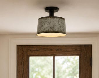 Copper-Edge Galvanized Farm Drum Ceiling Light | Rustic Farmhouse Flush Mount | Industrial Metal Ceiling Fixture | Vintage Barn Lighting