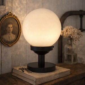 Modern Table Lamp Mid-Century Bedroom Stand Light Fixture - Plug In Opal Milk Glass Globe Lighting Home Office Cottage Contemporary Kitchen
