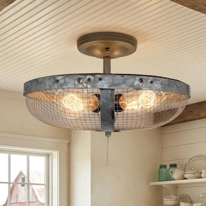Industrial Farmhouse Screen Flush Mount Ceiling Light -Laundry Room Lighting Fixture Bathroom On/Off Switch Kitchen Galvanized Metal Sieve