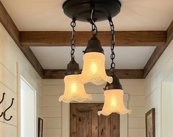 Frosted Hobnail Ceiling Light Trio | Vintage Farmhouse Flush | 3-Light Fixture for Kitchen Entryway | Vintage Hallway Lighting