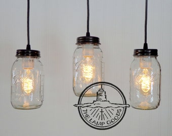 Mason Jar CHANDELIER Lighting Rectangular with NEW Quart Pendant Trio - Track Ceiling Light Flush Mount Farmhouse Kitchen Rustic Dining Bath