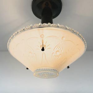 1930’s Peach Frosted Art Deco Suspended Chandelier | Vintage Ceiling Light | Restored Antique Glass Fixture | The Lamp Goods USA