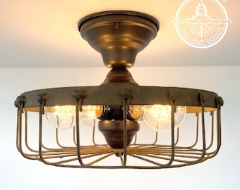 Rustic Industrial Cage Ceiling Light - Flush Mount Lighting Fixture Farmhouse Ceiling Kitchen Edison Bulb Rustic Dining Hanging Bathroom